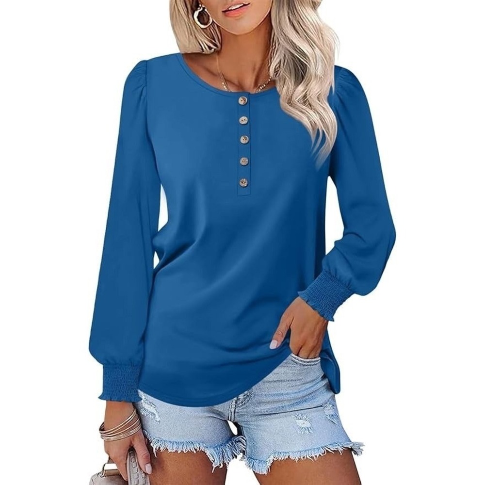 Minetom Womens Tops Long Sleeve Henley‎ Shirts Smocked Puff Sleeve Shirt Size L
